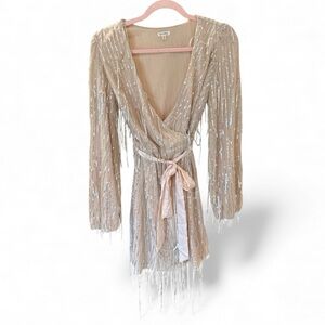 En Creme- Holiday Beige & Sequin Wrap Dress with belt